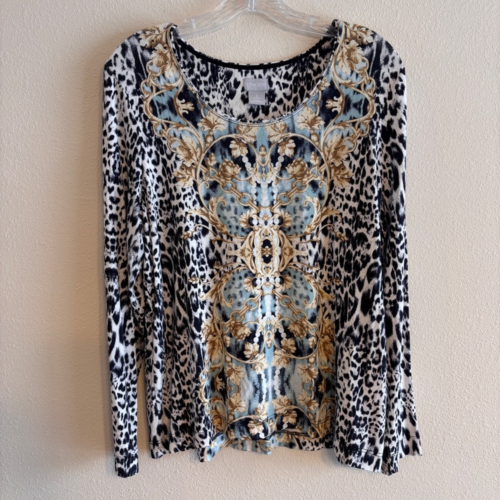 Chico's Women’s Blue and Gold Baroque Animal Print Long Sleeve Top SZ Large